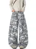 Calças cargo estilo americano camufladas cinza e branco com corte scimitar para homens, outono vintage desconstruídas multibolsos perna larga emagrecedoras perna reta comprimento total