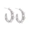 Pendientes Geométricos Ovalados en Forma de C con Perlas Estilo Lujo Ligero con Agujas de Plata 925, Pendientes de Aro de Zirconia Vintage Elegantes de Gama Alta