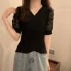 Tejido de Punto de Burbuja de Manga Corta para Mujer Verano 2025 Nuevo Versátil Cuello en V Diseño Ajustado Empalme de Gasa Camiseta Top