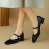 Elegante Elegante Flor Francesa Piel de Vaca y Puntadas de Pelo de Caballo Mary Jane Primavera 2024 Tacón Bajo Grueso Punta Cuadrada Zapatos de Cuero Genuino para Mujer
