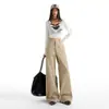 Jeans de Pierna Ancha Casuales Color Caqui Estilo Coreano con Parches para Mujer, Ajuste Holgado, Adelgazantes, Favorecedores, Pantalones Rectos Versátiles.