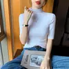 Camiseta Base Negra de Manga Media para Mujer con Cuello Alto Medio y Nueva Camiseta Ajustada de Manga de Cinco Cuartos Otoño 2025 Top de Manga Media