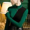 Camisa de cuello medio alto con base cepillada para mujer, corte entallado, costuras en contraste de color, manga larga, estilo coreano, otoño e invierno 2022