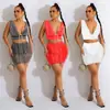 C6037 Transfronterizo Aliexpress Amazon Moda Europea y Americana Ropa para Mujer Cuello en V Sin Mangas Falda Corta Malla Pedrería Conjunto de Dos Piezas para Mujer