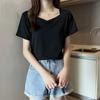 Comercio Exterior Color Sólido Cuello en V Clavícula Manga Corta Camiseta Verano para Mujer Estilo Coreano Ajustada Adelgazante Manga Media Camiseta Top