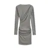 Vestido Largo de Manga Larga con Hombro Asimétrico Fruncido y Forro de Felpa, Diseño de Moda, Nuevo Estilo Otoño/Invierno, Ceñido a la Cintura, Corte Ajustado, Bodycon, Vestido Corto