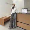 Nuevos pantalones de lana a cuadros estilo coreano para otoño e invierno, con cintura elástica, pierna recta, diseño elegante, holgado y versátil que crea un efecto adelgazante y ensancha las piernas.