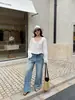 Pantalones Anchos Retro de Alta Resistencia Wanwei para Mujer Estilo Nuevo Primavera 2026 Remaches Pierna Recta Jeans Azules Desgastados P5714