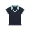 Camiseta Heyhenry Estilo Americano 2026 de Manga Corta con Cuello en V para Mujer, Top Deportivo Corto Ajustado con Cuello Solapa para Verano