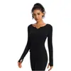 Roupa de Yoga Transfronteiriça Europeia e Americana Feminina Peça Única Decote V Manga Longa Justa Camiseta Esportiva Cintura Marcada Roupas de Fitness