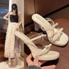 Sandalias de Tacón Grueso de Cristal Estilo Hada Estilo Caliente 2025 para Mujer Verano Ropa de Exterior Elegantes Tacones Altos Sandalias Francesas con Lazo