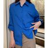 Foto Real # Jaqueta Camisa Azul Coreana de Manga Comprida para Mulheres Outono 2025 Novo Estilo, High-End, Solta e Casual