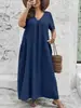 Novo Vestido Longo Feminino Plus Size de Verão com Decote V, Manga Curta, Texturizado, Amassado, Soltinho, Emagrecedor, Corte A, com Bolsos, Estilo de Férias
