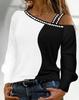 Verão 2023 Moda Casual Solta Europeia e Americana T-shirt Solta com Strass Cor Contrastante Alça Ombro a Ombro Manga Longa