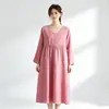 Vestido de Noite Feminino de Gaze Dupla de Algodão Floral Retrô Artístico para Primavera, Outono e Verão, Manga Longa Fina, Solto, para Casa