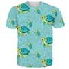 Camiseta Masculina Casual de Manga Curta Solta com Estampa Digital 3D de Tartaruga de Desenho Animado Verde Fofa - Verão Europeu e Americano