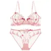 Conjunto de lencería de encaje bordado de lujo ligero estilo francés, conjunto de sujetador sexy de malla ultrafina transparente con bordado pesado