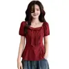 Blusa cuadrada de manga corta abullonada color burdeos para mujer, talla grande verano 2026, top favorecedor y que disimula el abdomen