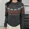 Suéter Macio Jacquard Fair Isle para Mulheres, Novo Outono/Inverno, Caimento Solto, Design Simples, Blusa de Tricô de Manga Longa