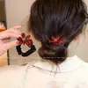 Elástico de Cabelo Estilo Ano Novo para Mulheres, Scrunchie Floral com Strass, Corda de Cabelo, Acessório de Cabelo Vermelho