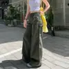 Calça Cargo de Cintura Baixa Americana para Mulheres Outono 2025 Novo Verde Militar Petite Casual Solta Jeans Wide-Leg