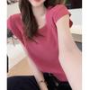 2025 Verão Popular Rosa Top Curto Solto e Estiloso Tricô de Seda Gelo de Manga Curta Francês Cobre Barriga Camiseta Fina