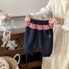 Dianxi Spring Novo Estilo Calça de Tricô Xadrez com Renda para Bebê Estilosa Versátil Desenho de Gato Calça Casual