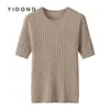 Suéter de punto pullover para mujer, de punto de canalé ancho de 12 agujas 5*2 con hilos brillantes, cuello redondo, manga corta, cachemira pura, hilo dorado y plateado, corte ajustado, hombro normal