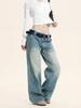 Calça Jeans Yongfang Retrô Americana para Homens e Mulheres, Design Desconstruído Dividido, Calça Casual Larga Versátil para Rua, Perna Larga Solta