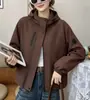 Chaqueta corta con capucha para mujer, estilo coreano de otoño, corte holgado para figuras petite, chaqueta de trabajo casual con cremallera, ropa para mujer