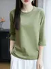 Camiseta de Algodão Penteado com Gola Redonda e Manga Três Quartos para Mulheres, Novo Estilo Primavera e Outono, Camiseta Base de Algodão Casual Elegante, Top Interno Respirável