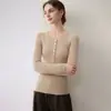 Nova coleção outono e inverno: Camada base de tricô 100% cashmere puro, suéter feminino canelado slim fit, gola redonda, top parcialmente aberto