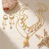 Conjunto de Brincos e Colar com Borlas de Concha Estilo Praia Europeu e Americano Transfronteiriço, Colar Multicamadas com Pingente de Estrela-do-Mar e Concha