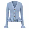 Cárdigan de punto trenzado con cuello en V y bajo con volantes para mujer, top ajustado de manga larga acampanada, top estilo 'pure desire'