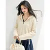 Sim Nova Jaqueta Cardigan de Tricô com Capuz e Zíper Duplo de Cor Sólida para Mulheres, Top de Outono, Suéter de Outono/Inverno