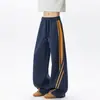 Calça de moletom listrada contrastante de marca da moda masculina outono retrô americano solta casual vibe high street comprimento total perna larga calça comprida