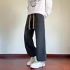 Calça Jogger Masculina Estilo Americano com Padrão de Espiga de Trigo, Calça com Cordão de Cor Pesada para Outono, Calça Reta Scimitar Preguiçosa e Relaxada