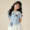 Conjunto de Saia Bolo com Gola Boneca para Meninas Mais Velhas, Novo Estilo de Verão Color-Blocking Casual Conjunto de Duas Peças Tendência