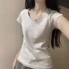 Camiseta de Manga Corta de Algodón Puro con Cuello Redondo Estilo Americano para Mujer, Diseño de Verano 2026, Versátil, Corte Regular en Hombros, Cintura Ajustada, Top Capa Interior