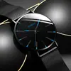 Relógio Masculino de Quartzo com Detalhe Azul Minimalista, Pulseira Ultra-Fina de Metal em Malha, Relógio de Pulso Casual para Negócios