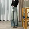 Jeans Feminino Azul com Barra Flare Micro, Estilo Americano, Padrão de Nó de Bambu, Nova Lavagem 2026 Primavera Outono, Slimming, Não Apertado na Perna, Calça Flare