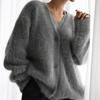 Cárdigan de punto de visón sintético transfronterizo para mujer Europeo y Americano 2025 Nuevo Estilo Diseño Estilo Perezoso Suéter holgado elegante con cuello en V para mujer