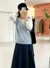 Suéter de tricô feminino plus size com gola redonda, imitando duas peças, coleção outono 2026, top em camadas de manga longa para mulheres plus size