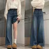 Jeans Retro Azul Wide-Leg para Mulheres, Novo Estilo de Verão, Tamanho Plus, Cintura Alta, Emagrecedor, Solto, Pierna Reta, Calça de Comprimento Total