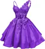 Vestido de Noche Corto Floral Morado Tridimensional con Escote en V, Tirante de un Hombro, Ceñido a la Cintura, Efecto Adelgazante, Adecuado para Fiestas de Cumpleaños y Bailes, para Tallas Pequeñas