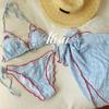 Traje de baño bikini de tres piezas para mujer al por mayor tailandés vintage nicho lindo dulce niña cuadros azul