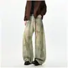 Jeans Masculino Americano Retro Tie-dye Desgastado Rasgado Escovado Moda Tendência Marca Calça Longa Casual Reta Solta