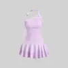 2026 Moda transfronteriza europea y americana color liso un hombro cuello halter cintura entallada vestido plisado versátil vestido sin hombros
