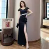 Vestido Formal para Registro, Adecuado para Uso Diario, Cuello en V, Blanco, Petite, Gama Alta, Corte Ajustado, Vestido de Noche con Abertura