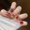 Uñas Postizas Cortas Doradas Florales Estilo Francés Cat-Eye Desmontables 2026 Producto Terminado de Uñas Artísticas de Alta Gama